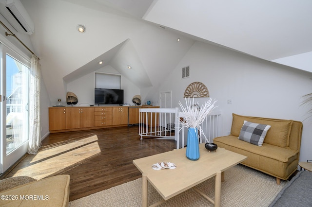 living area with a wall mounted air conditioner, visible vents, high vaulted ceiling, dark wood finished floors, and recessed lighting