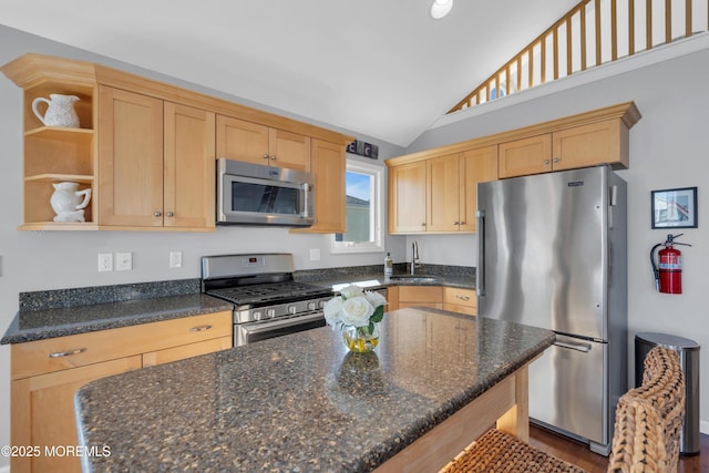 kitchen featuring stainless steel appliances, light brown cabinets, and vaulted ceiling