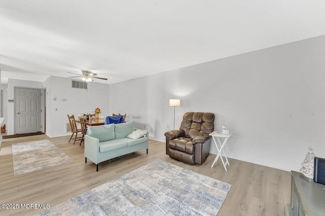 living area featuring visible vents, ceiling fan, baseboards, and light wood-style floors