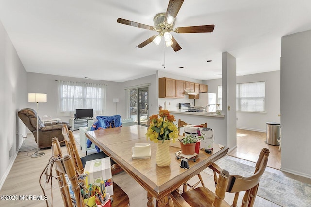 dining space with ceiling fan, baseboards, and light wood-style floors