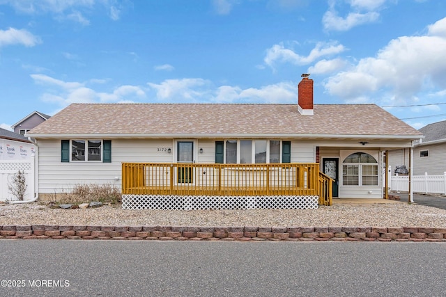 3172 Peddie St, Toms River, NJ 08753 - ranch-style house featuring covered porch, a chimney, fence, and roof with shingles
