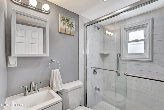 full bath with vanity, toilet, and a shower stall