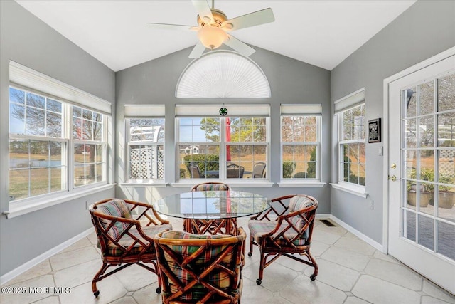 sunroom / solarium with visible vents, ceiling fan, and vaulted ceiling