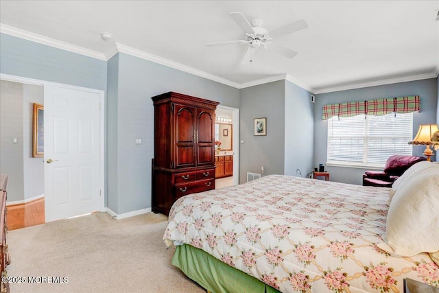 bedroom featuring light carpet, ceiling fan, baseboards, and ornamental molding