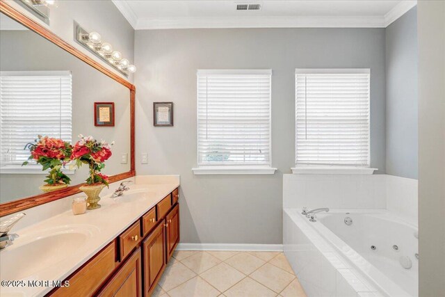 full bath featuring visible vents, crown molding, tile patterned floors, a tub with jets, and a sink