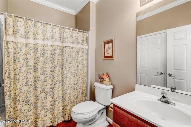 bathroom featuring vanity, curtained shower, toilet, and ornamental molding