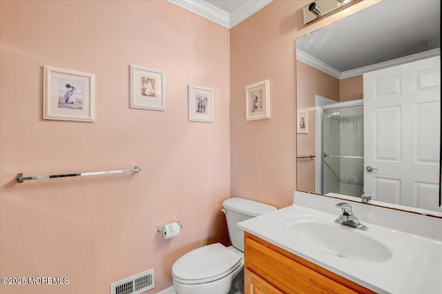 bathroom with toilet, an enclosed shower, visible vents, and ornamental molding