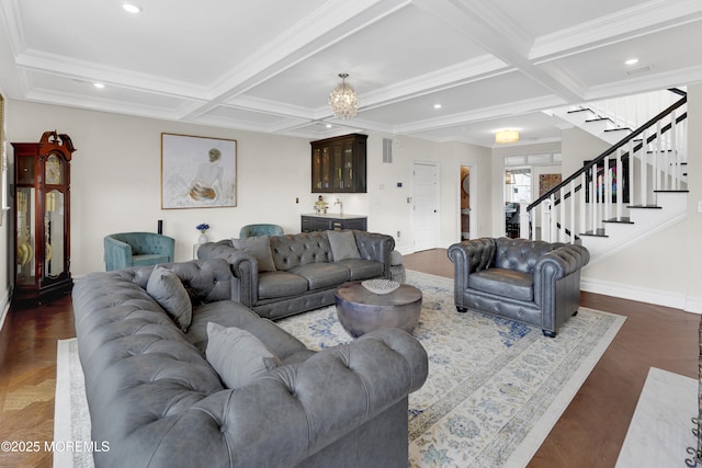 living room featuring recessed lighting, stairway, beam ceiling, and coffered ceiling