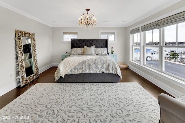 bedroom featuring dark wood-style floors, baseboards, visible vents, an inviting chandelier, and crown molding