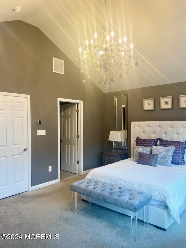 carpeted bedroom featuring visible vents, baseboards, and high vaulted ceiling