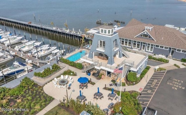 aerial view featuring a water view