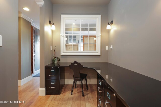 office area with light wood-type flooring, recessed lighting, and baseboards