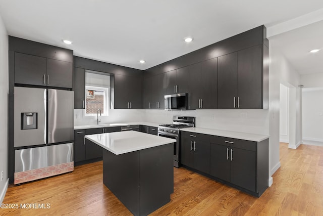 kitchen featuring a sink, stainless steel appliances, light wood-style floors, and dark cabinetry