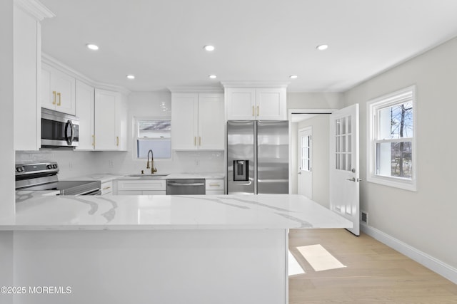 kitchen featuring a sink, tasteful backsplash, white cabinetry, and stainless steel appliances