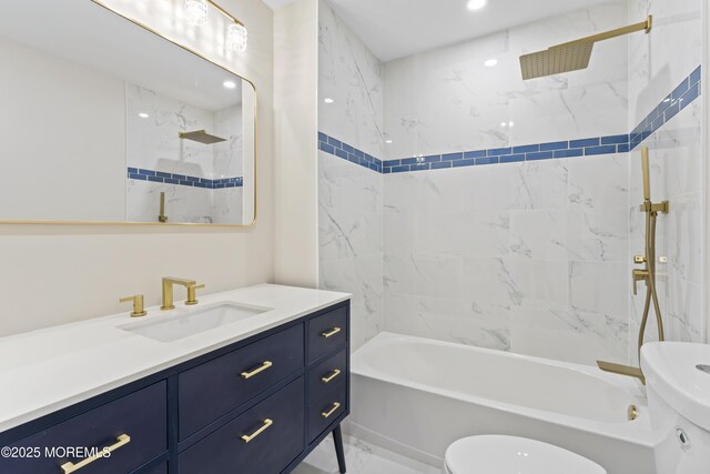 full bathroom featuring toilet, shower / tub combination, recessed lighting, marble finish floor, and vanity