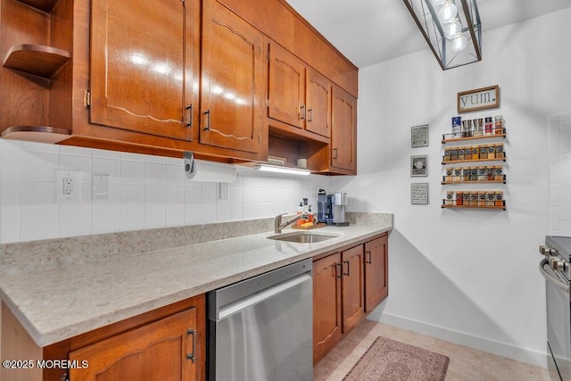 kitchen with brown cabinetry, dishwasher, and open shelves