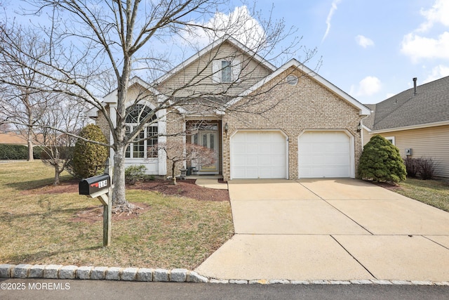 traditional home featuring concrete driveway, an attached garage, brick siding, and a front yard