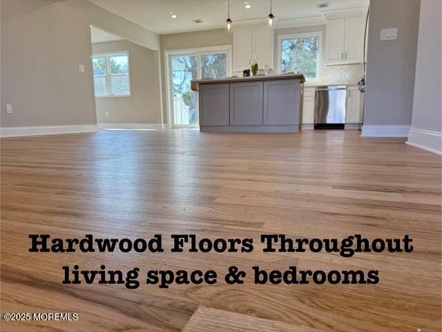 interior space featuring plenty of natural light, light wood-style flooring, white cabinets, and stainless steel dishwasher