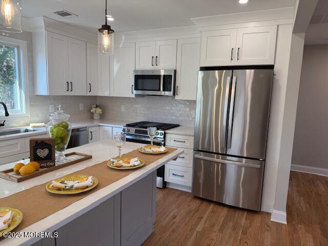 kitchen featuring wood finished floors, visible vents, a sink, appliances with stainless steel finishes, and white cabinetry