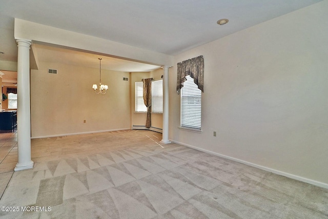 carpeted empty room featuring visible vents, a notable chandelier, a baseboard radiator, baseboards, and ornate columns