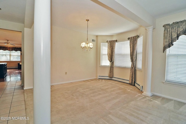 unfurnished dining area featuring carpet, baseboards, ornate columns, ceiling fan with notable chandelier, and baseboard heating
