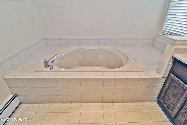 full bath with a baseboard heating unit, a bath, and vanity