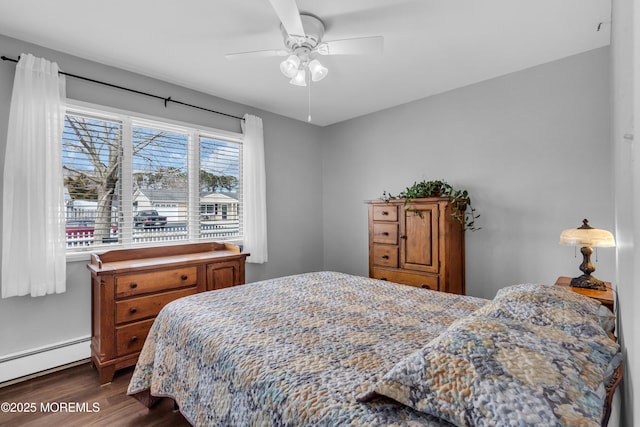 bedroom featuring ceiling fan, dark wood-style flooring, and a baseboard radiator