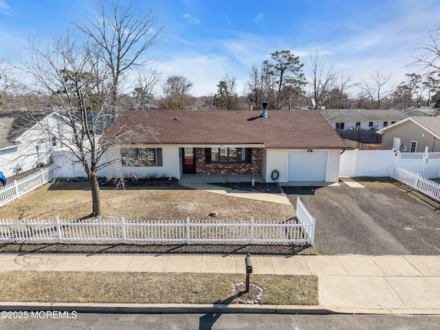 single story home with a gate, a fenced front yard, an attached garage, and aphalt driveway