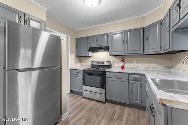 kitchen featuring under cabinet range hood, appliances with stainless steel finishes, gray cabinets, and a sink