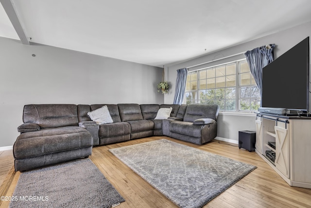 living room with light wood-type flooring and baseboards