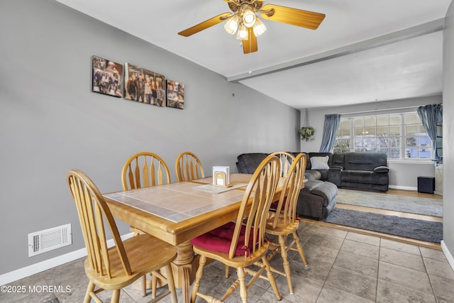 dining room featuring baseboards, visible vents, beam ceiling, ceiling fan, and tile patterned flooring