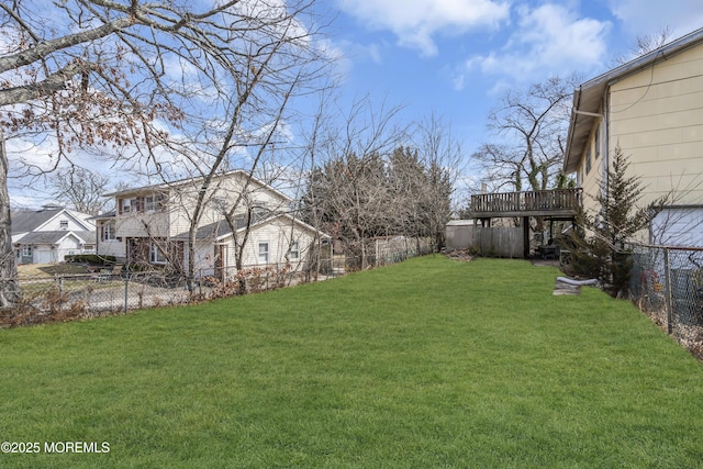 view of yard with a wooden deck and a fenced backyard