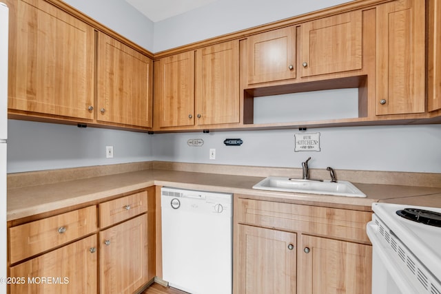 kitchen featuring white appliances, light countertops, open shelves, and a sink