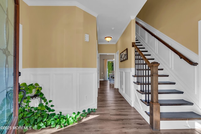 entrance foyer featuring wood finished floors, a decorative wall, wainscoting, crown molding, and stairs