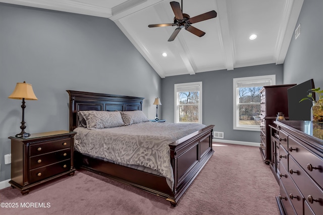 bedroom featuring lofted ceiling with beams, baseboards, visible vents, and light carpet