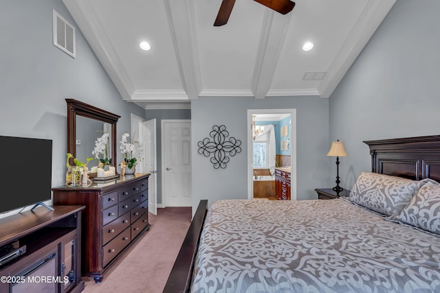 bedroom with carpet, visible vents, recessed lighting, ornamental molding, and beamed ceiling