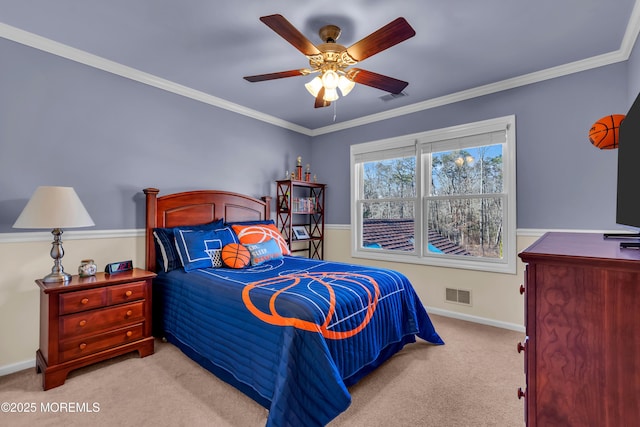 bedroom with visible vents, baseboards, carpet, and ornamental molding