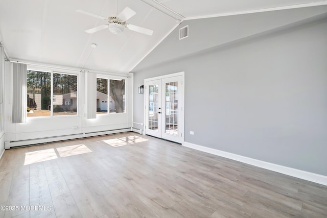 interior space with visible vents, a baseboard radiator, ceiling fan, vaulted ceiling, and french doors