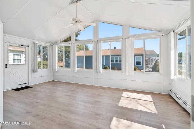 unfurnished sunroom featuring baseboard heating, ceiling fan, and lofted ceiling