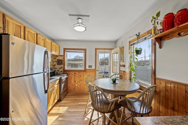 kitchen featuring wainscoting, appliances with stainless steel finishes, wood walls, and a healthy amount of sunlight