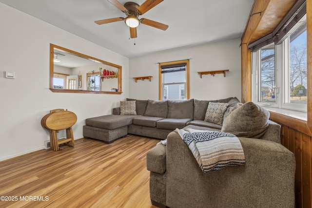 living room with plenty of natural light, baseboards, light wood-type flooring, and ceiling fan