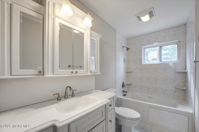 full bathroom with vanity, shower / bathing tub combination, toilet, and visible vents