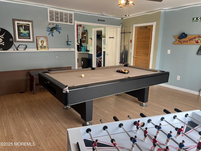 game room with pool table, light wood-style flooring, and baseboards