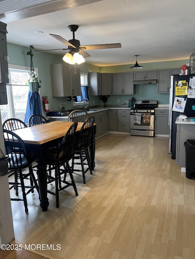 dining area with light wood-style flooring and a ceiling fan