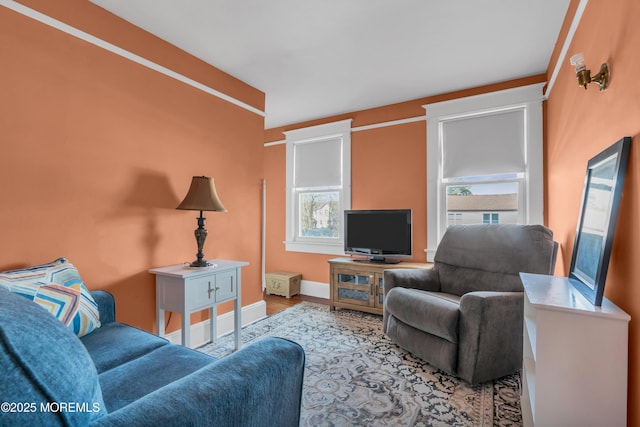 living area featuring baseboards and wood finished floors