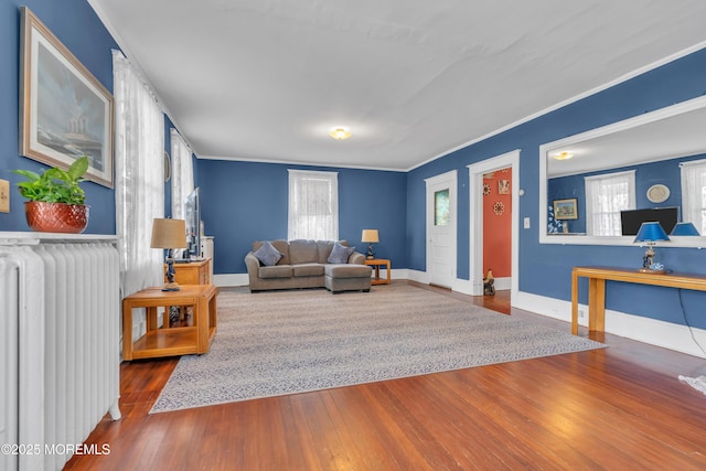 living area featuring a healthy amount of sunlight, radiator, baseboards, and hardwood / wood-style flooring