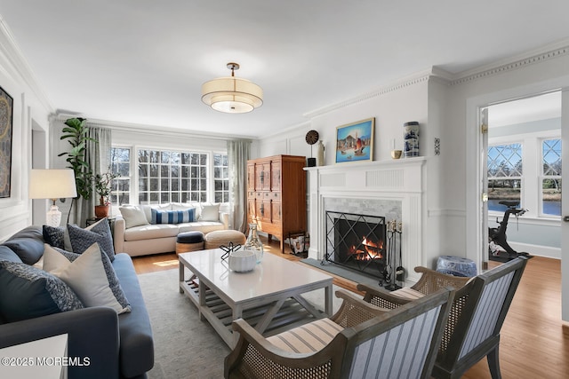 living room with crown molding, wood finished floors, a fireplace, and a wealth of natural light