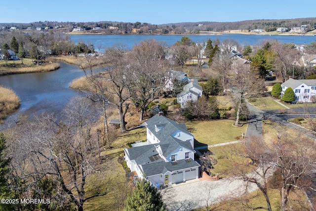 bird's eye view with a water view