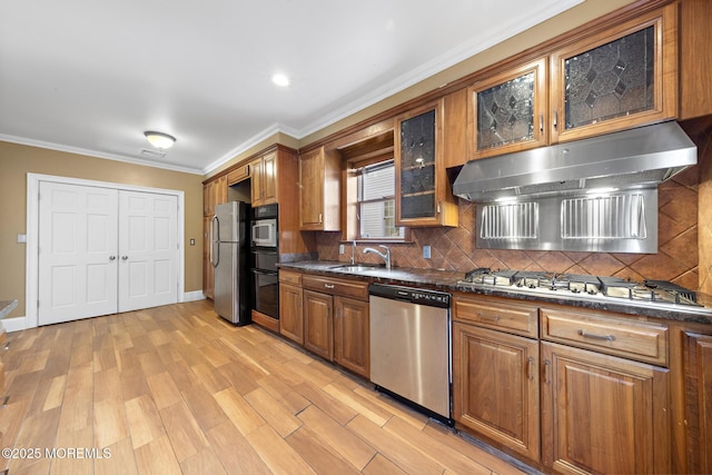 kitchen with light wood-style flooring, a sink, under cabinet range hood, appliances with stainless steel finishes, and brown cabinets