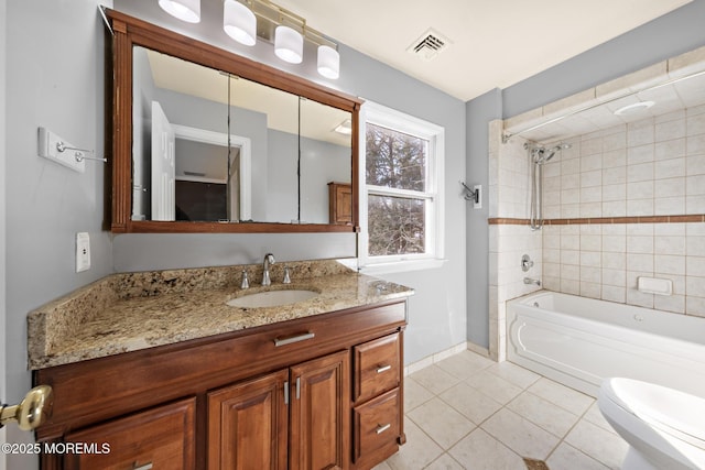 bathroom featuring tile patterned floors, visible vents, toilet,  shower combination, and vanity